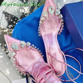 Босоножки на шнуровке с острым носком и кристаллами, Прозрачная женская обувь из ПВХ на высоком каблуке-шпильке с перекрестным ремешком, Серебристая однотонная обувь, Лето 2023, Пикантная мода