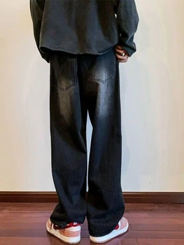 Винтажные Черные джинсы Harajuku, Мужская Уличная Одежда, Прямые Свободные Широкие брюки, Повседневные модные Синие джинсовые брюки в стиле хип-хоп