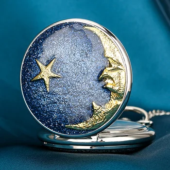 Голубое Звездное Небо Кварцевые Карманные Часы Ожерелье с Узором в виде Звезд и Луны Ожерелье Карманные Часы Подарок Рельефный Художественный Дизайн Кулон