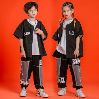 Детская одежда в стиле хип-хоп, Черный кардиган, бейсбольный топ, Уличная одежда, штаны для бега трусцой с принтом для девочек и мальчиков, костюм для джазовых танцев, Одежда