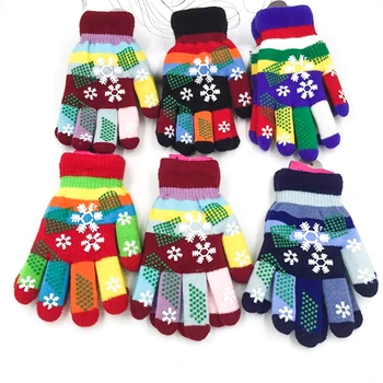 Детские утепленные вязаные перчатки для мальчиков и девочек, красочные перчатки со снежным принтом, зимние перчатки