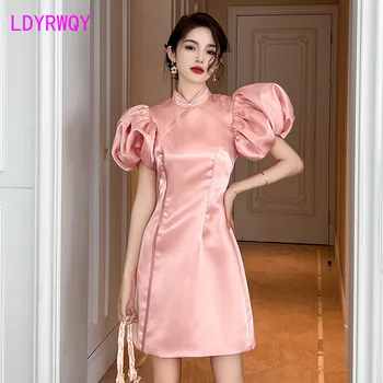 летнее новое улучшенное розовое платье чонсам с пузырчатым рукавом 2023 г.