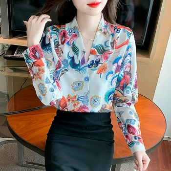 Летняя новая рубашка 2023, женская блузка с длинными рукавами, атласная поверхность, Цветочный V-образный вырез, Корейский Модный Свободный топ