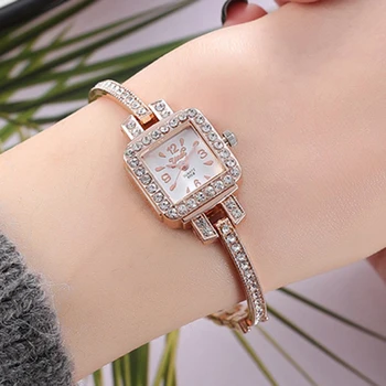 Модные и роскошные женские часы с квадратным бриллиантовым циферблатом, ультратонким ремешком и женские кварцевые часы