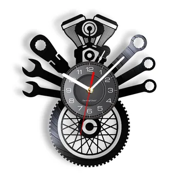 Сервис мотоциклов Ретро Настенные часы Гаражный бар Рекламная Вывеска Человек Пещера Декор Комнаты Логотип Механика Пользовательские Настенные часы для шин двигателя