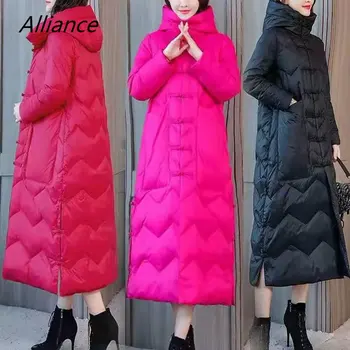 2023 Зимняя Женская пуховая куртка X-длины с капюшоном на белом утином пуху, Утепленное пальто, Свободные модные красные пуховики в стиле ретро, китайский стиль