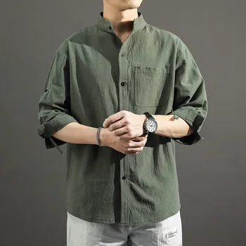 2023 Мужская Летняя льняная рубашка с рукавом до четверти дюйма, Мужской Темперамент, Повседневный свободный воротник, универсальный модный топ