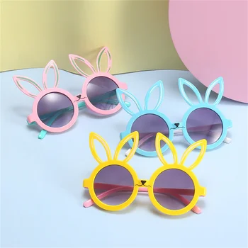 2023 Новые Детские Солнцезащитные очки с Мультяшным кроликом, Модные разноцветные круглые очки с заячьими ушками, Милые Детские солнцезащитные очки для малышей