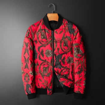 2024 Мужская пуховая куртка с цветочным Граффити, Деловой Повседневный наряд для выпускного вечера, Плюс 5xl, Бомбер с красным принтом, Клубная вечеринка в стиле барокко