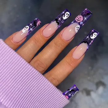 3D накладные ногти для вечеринки в честь Хэллоуина, призрачная летучая мышь, тыква, звездный дизайн, длинные французские наконечники для гроба, искусственные накладки, набор накладных ногтей