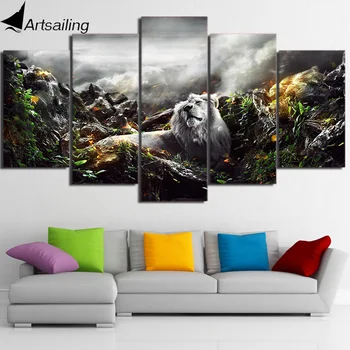 HD Печатный лев в джунглях, картина из 5 предметов, настенный художественный декор для комнаты, печать плаката, картина, холст, Бесплатная доставка/ny-590