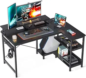 L-образный письменный стол, 58-дюймовый угловой письменный стол с реверсивными полками для хранения, Компьютерный стол с полкой для монитора и подставкой для ПК для домашнего офиса