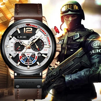 LIGE Watch Мужские Роскошные часы для мужчин, Кварцевые военные часы, Модные наручные часы с хронографом, Водонепроницаемые Кожаные часы с датой, Мужские + коробка
