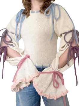 Louatui, Женский облегающий вязаный свитер в стиле пэчворк, Пуловеры с расклешенными длинными рукавами, Весенне-осенние Джемперы, Уличная одежда