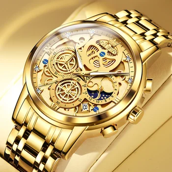 OLEVS Оригинальные мужские часы Роскошный золотой Скелет Аналоговые кварцевые наручные часы с хронографом даты из нержавеющей стали Водонепроницаемые светящиеся