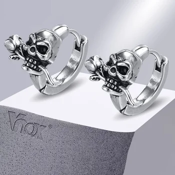 Vnox Готический Череп, Скелет, серьги-кольца Huggie для мужчин, мальчиков, в стиле панк-рок, из нержавеющей Стали, Коктейльная вечеринка, подарок на Хэллоуин, ювелирные изделия