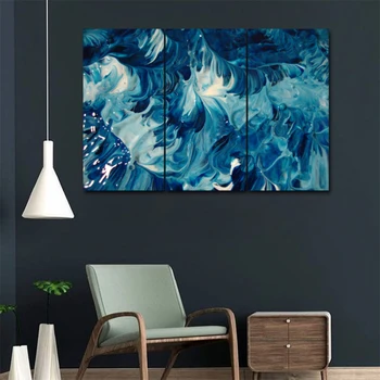 Абстрактная картина маслом в синих тонах, комплект из 3 предметов, HD Холст, картина, современное украшение дома, Настенный декор в гостиной, картина