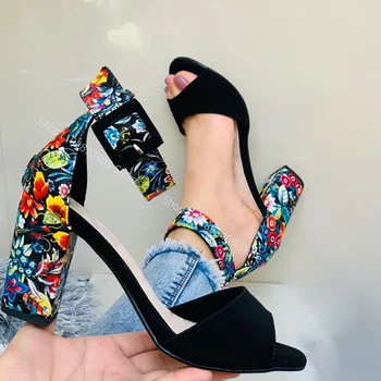 Босоножки из флока с открытым носком и принтом, закрывающие пятку и пряжку на щиколотке, женская летняя обувь на массивном высоком каблуке, Модная обувь Zapatillas Mujer