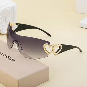 Винтажные женские солнцезащитные очки Y2K без оправы, цельные солнцезащитные очки в форме сердца для женщин, очки с закругленными краями, спортивные очки очки