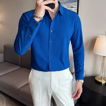 Высококачественная рубашка без вафель, против морщин, с длинными рукавами, Мужская приталенная Повседневная деловая блузка на пуговицах
