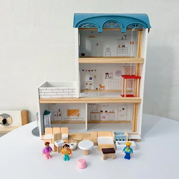 Деревянный Кукольный Домик, игрушка для детей, Имитация дома, Вилла, Лифт, Трехэтажный кукольный домик
