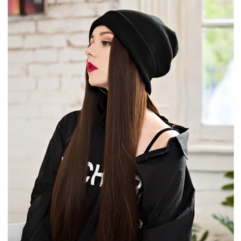 Длинный Прямой парик в виде шляпы, искусственные парики из волос, черный, Коричневый, Розовый, 24 дюйма, естественное соединение, регулируемый парик в виде шляпы для вечеринки для девочек