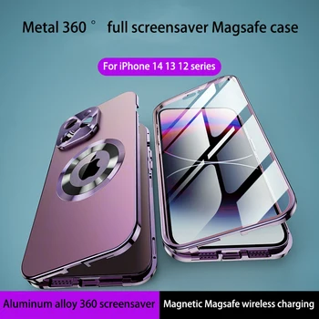 Для iPhone 12 13 14 Pro Max Чехол 360 ° Полноэкранная Камера Металлические Магнитные Чехлы Magsafe Из алюминиевого сплава HD Стеклянная защитная крышка