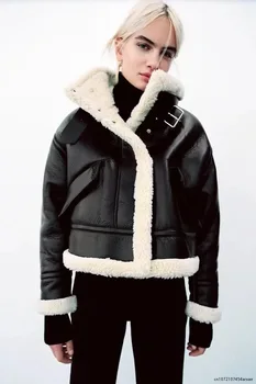 Женская зимняя толстая теплая куртка из искусственной кожи, пальто, Винтажная Женская верхняя одежда с длинным рукавом и карманом с клапаном, Шикарные топы