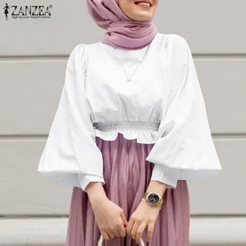 Женская Исламская одежда, Осенние Блузки ZANZEA 2023, Модный Мусульманский Топ с Высокой Талией, Блузы с Пышными рукавами, Туника-Хиджаб Из Турции Большого Размера