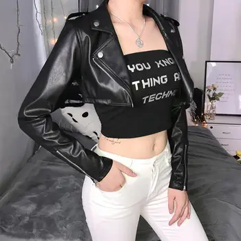 Женская куртка из искусственной кожи 2021, Классические готические короткие Мотоциклетные куртки из мягкой черной искусственной кожи с заклепками и молнией, Уличная одежда в стиле панк-эмо