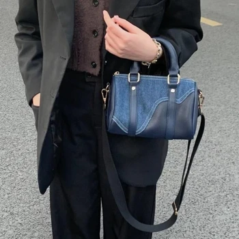 Женская сумка и кошелек из денима в стиле пэчворк в стиле ретро, Маленькая бостонская сумка в форме ведра, Повседневная синяя сумка-мессенджер, Женская сумка через плечо
