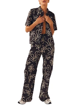 Женские летние брюки с принтом лепестков, отложной воротник, Рубашки с коротким рукавом, эластичный пояс, широкие Длинные брюки, Комплект из 2 предметов