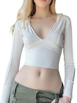 Женские топы Louatui с капюшоном, длинный рукав, глубокий V-образный вырез, однотонная приталенная футболка, блузка