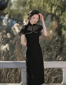 Женские Черные Тонкие платья Cheongsam в стиле ретро С разрезом, Винтажные Восточные Облегающие Вечерние платья Qipao, Vestidos