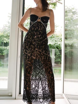 Женское Прозрачное Кружевное платье с цветочным Рисунком, Элегантное Коктейльное платье-комбинация для вечеринки, Черное Платье без рукавов с Запахом на Груди, Облегающие Длинные Платья Y2K 90s