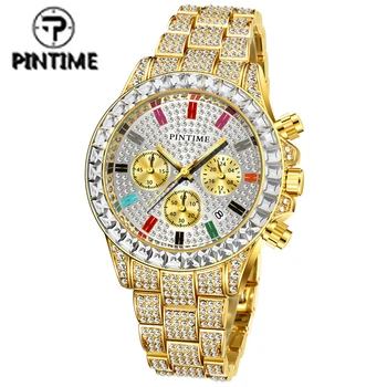 Кварцевые часы PINTIME Мужские Роскошные Полные Бриллианты в стиле Хип-Хоп, Золотые, Черные, Покрытые Льдом Часы, Мужские Наручные Часы, Мужские zegarek meski montre