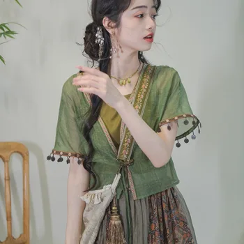 Китайский традиционный Hanfu Зеленый топ с фонариками, комплект брюк, Летняя женская одежда