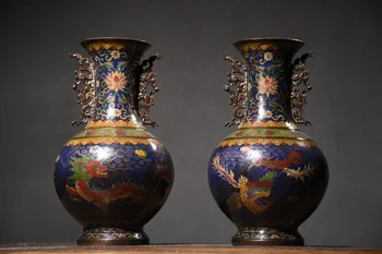 Коллекция Тибетского храма 14 дюймов, Старая Фиолетовая Бронзовая Перегородчатая ваза с драконом и Фениксом, бутылка для ушей, Таунхаус