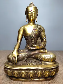 Коллекция Тибетского храма 12 дюймов, Старинный бронзовый позолоченный драгоценный камень Будда Шакьямуни, Лотос Тайваньского тибетского буддиста, хранящий Будду
