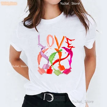 Красочная футболка с графическим принтом Love Nail, Женская одежда 2023, Художественно-эстетическая футболка, Женский макияж, Модная футболка, Женские топы