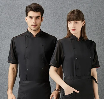 Куртка шеф-повара для мужчин и женщин, кухонный халат с коротким рукавом, черный, белый цвет, униформа официанта ресторана, отеля, топ