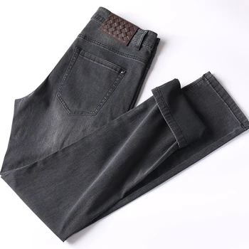 Летние тонкие брюки высокого класса, мужская мода, мягкая стирка, мужские прямые микроэластичные черно-серые джинсы с прямой трубкой