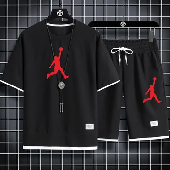Летний комплект из мужской футболки + шорт 2023, мужской спортивный комплект, модная дышащая футболка с принтом для отдыха, комплект с коротким рукавом