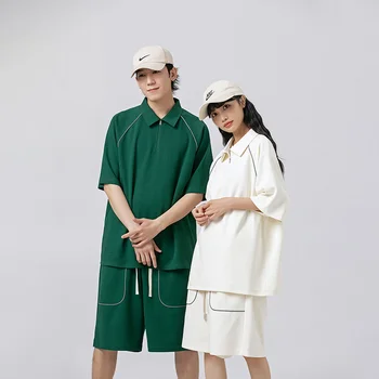 Летний комплект, мужская модная футболка Оверсайз с короткими рукавами/шорты, Мужской Корейский свободный спортивный комплект из двух предметов, мужские короткие комплекты S-3XL