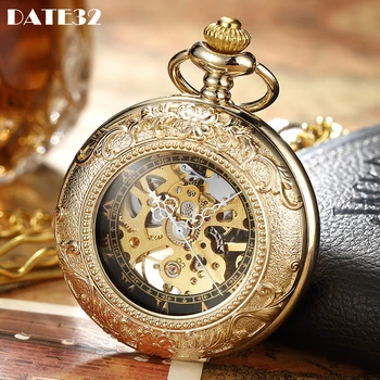 Механические карманные часы с римскими цифрами и циферблатом-скелетом Fob Роскошные золотые Золотые часы с подарочной коробкой для мужчин Прямая поставка