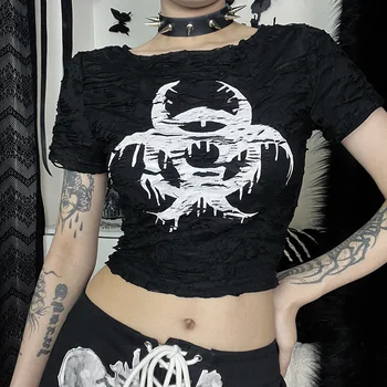 Модная женская футболка с готическим дизайном, короткий рукав, круглый вырез, тонкий пуловер с принтом в стиле пэчворк, сексуальная женская футболка в готическом стиле