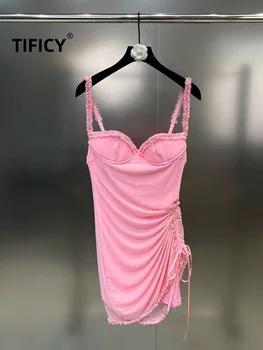 Модные Летние Платья с розовым ремешком в тон, Женское облегающее Вечернее платье без рукавов