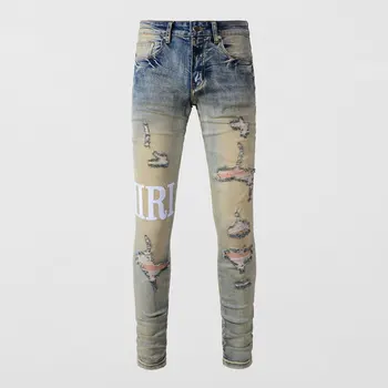 Модные мужские джинсы в стиле ретро, синие, выстиранные, эластичные, облегающие, рваные джинсы, мужские брендовые дизайнерские брюки в стиле хип-хоп с нашивками