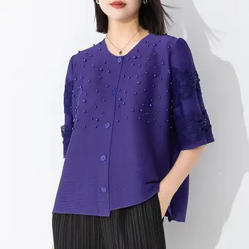 Модный топ в складку от Miyake, женская футболка, Свободный однобортный кружевной топ с круглым вырезом и рукавом три четверти, расшитый бисером