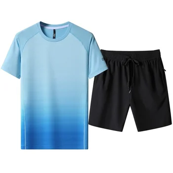 Мужская спортивная одежда, Летний повседневный костюм, Спортивная футболка с короткими рукавами, Шорты, спортивный костюм из 2 предметов, быстросохнущий пот